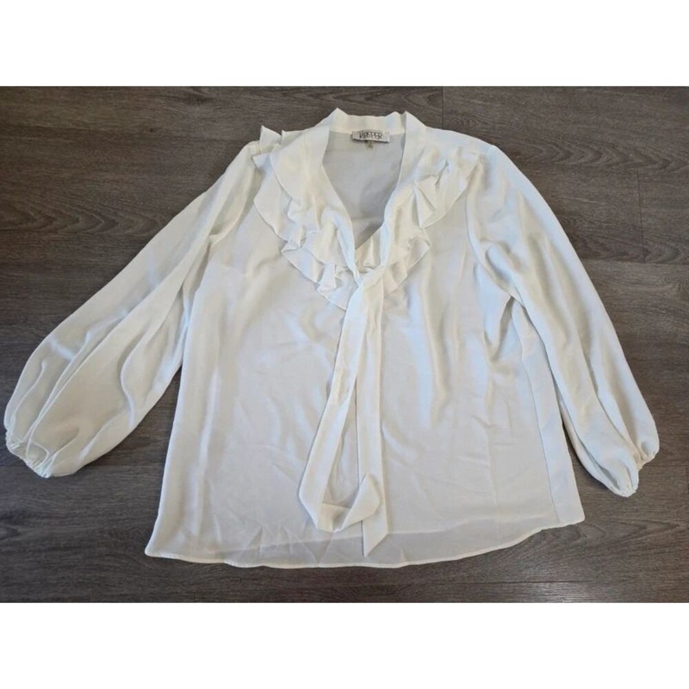 Kasper White Ruffle Tie Neck Blouse Women's Size XL Long Sleeve Career Top